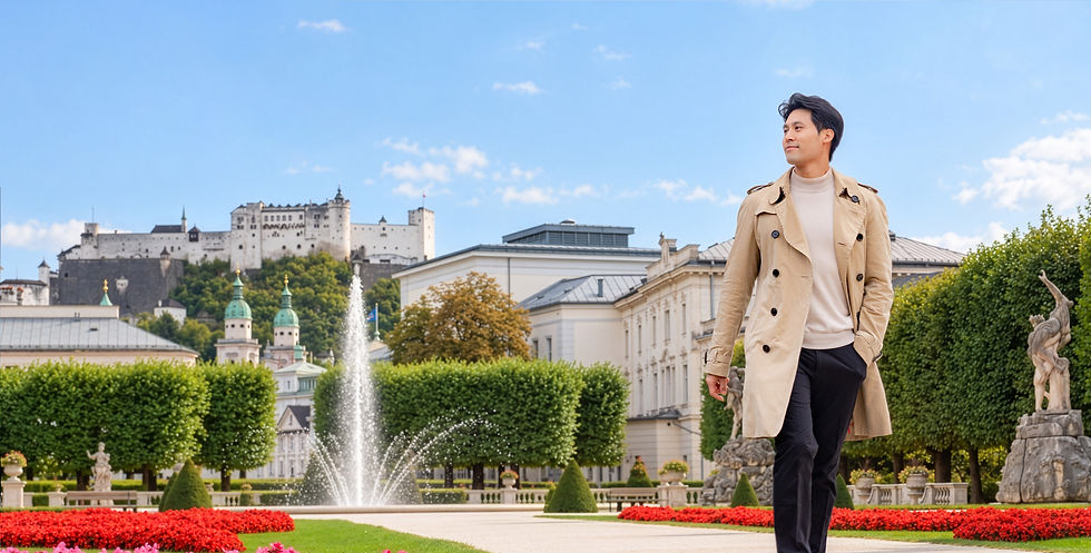 Kang in Mirabell Gardens with Salzburg Old Town and Hohensalzburg Fortress behind him