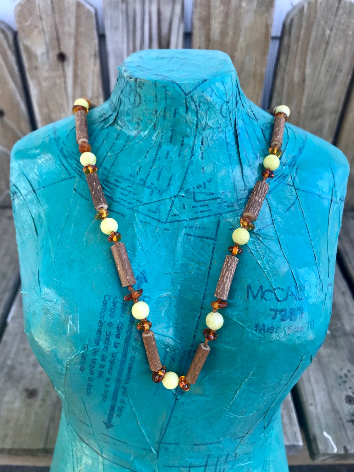 Lime Jade, Honey Amber and Hazelwood Necklace 
