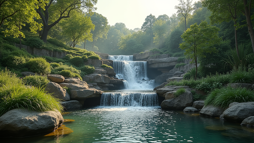 Wide angle view of a large multi-tiered waterfall integrated into a landscaped garden