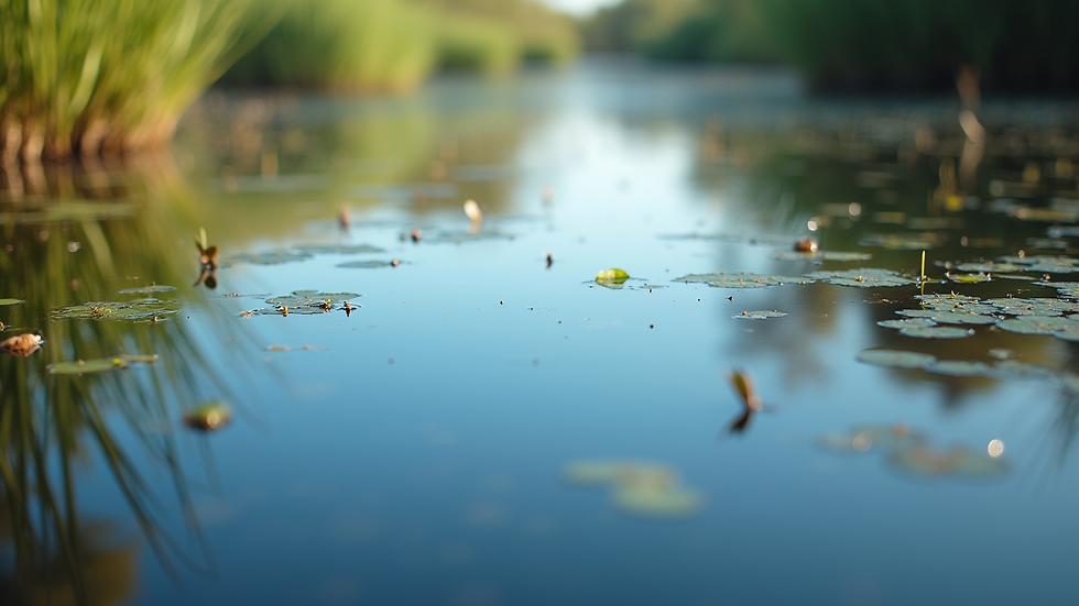 Close-up view of a calm pond surface reflecting Florida’s blue sky and surrounding plants