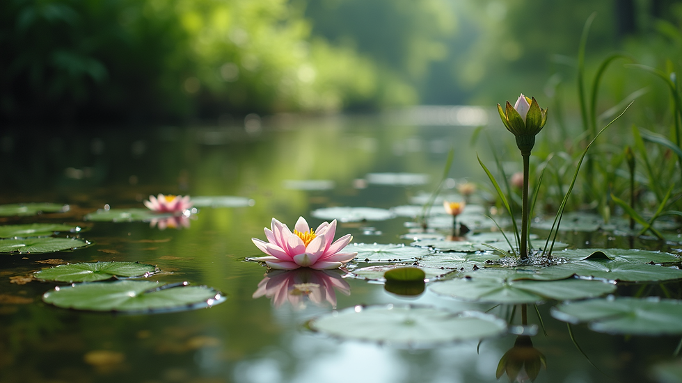 Eye-level view of pond with clear water and healthy aquatic plants