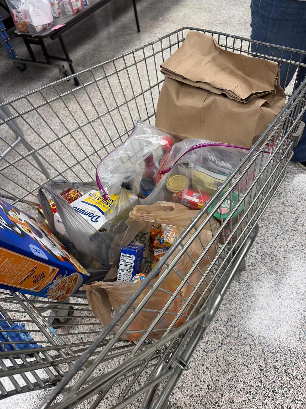 A grocery cart full of bags with food and crock-pot meals