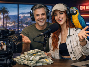 Two podcast hosts in a professional studio recording a video podcast, with a camera, microphone, and stacks of cash on the table, a parrot on one host’s shoulder, and a Hollywood backdrop behind them.