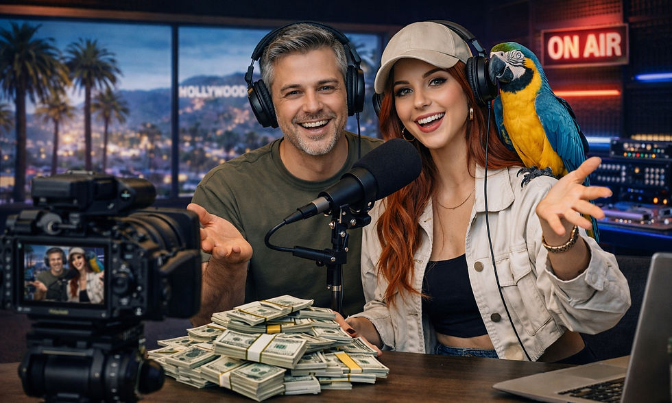 Two people in a studio with headphones, smiling at a mic. Parrot on shoulder, stack of cash on table. "On Air" sign in background.