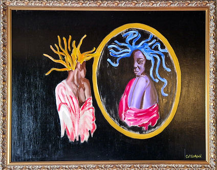 gorgeous grotesque Medusa mirror reflection gaze deadly killer framed heroine misunderstood harmless oil painting greek myths retold reinterpreted reimagined woman immortal gorgon snakes hair