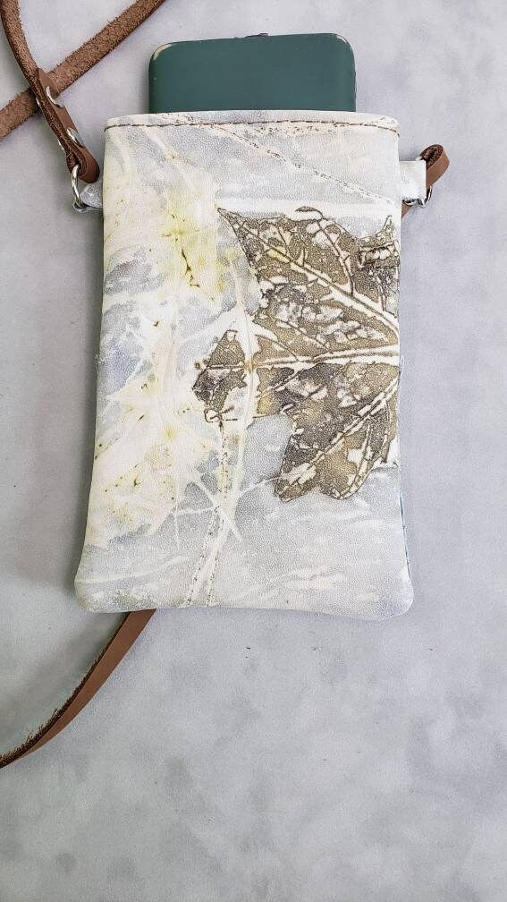 Thumbnail: Leather Cell Phone Crossbody Bag, Ecoprinted Plant Designs from Maple and Oak, S