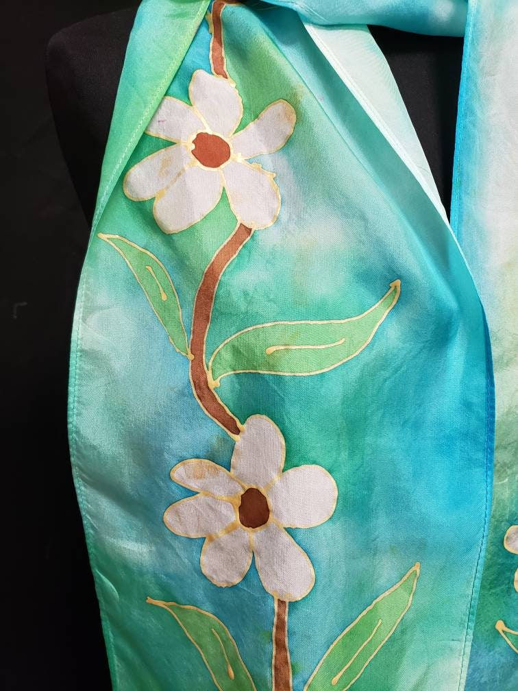 Miniature : Silk Scarf, Daisies,Wild Flowers,8"x 72" Hand Drawn in Gold and Painted by Artis