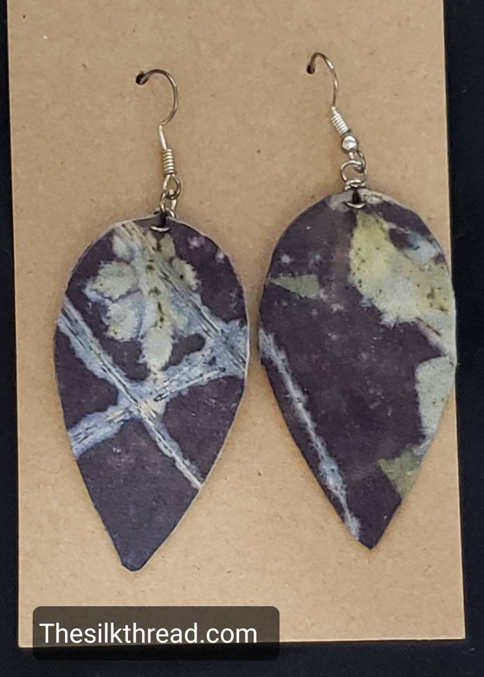 Miniature : Leather Earrings,Unique Ecoprinted Designs from Plants,Blue & Gold,Two Sided Ima