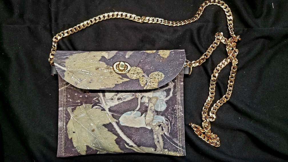 Rich Purple and Gold Ecoprinted Leather Shoulder Bag, Natural Designs & Colors C