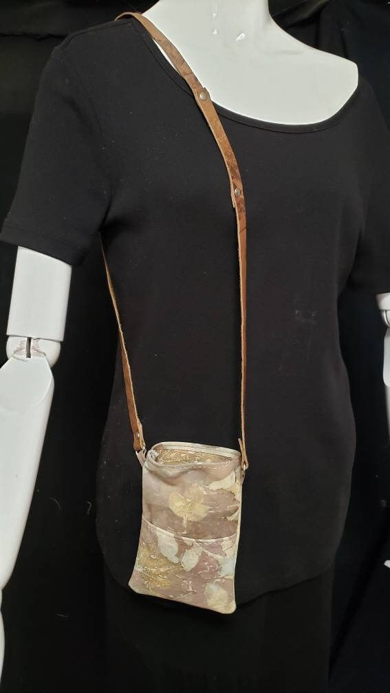 Thumbnail: Ecoprinted Leather Cell Phone Crossbody Bag, Concert Purse, Designs from Plants,