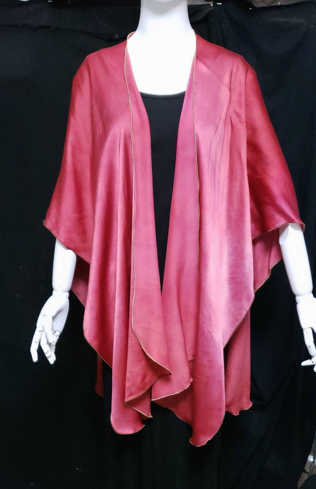 Deep Red Silk Charmeuse, Kimono Wrap, Ruana, Soft Abstract Design, Hand Created
