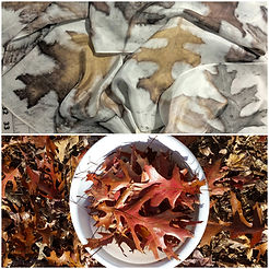 Red oak leaves imprinted onto silk.