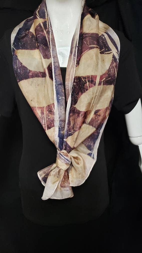 Thumbnail: Deep Maroon Purple Silk Scarf. Soft Designs of Hickory Leaves Ecoprinted from Na