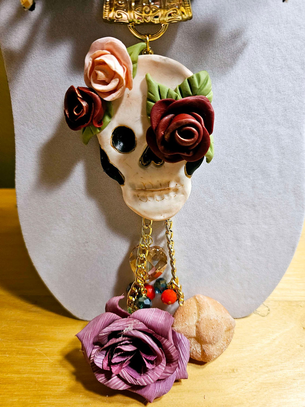 Thumbnail: Necklace  black with skull & purple flowers 💀💜 & earrings