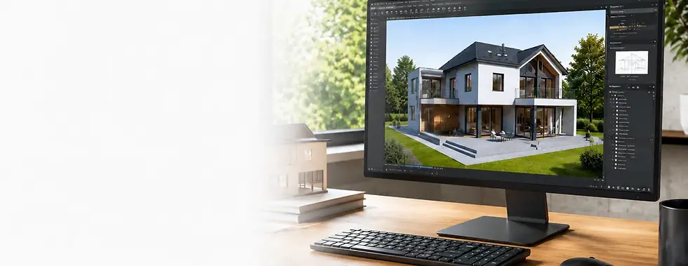 En computer viser en 3D-visualisering af et enfamiliehus i et arkitektprogram under projek