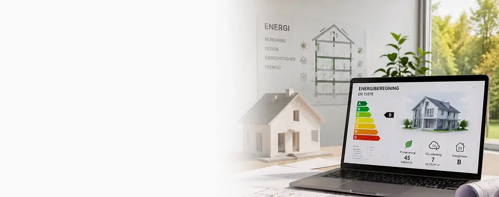 energiberegning for enfamiliehus med energimærke, bygningsmodel, konstruktionstegninger og