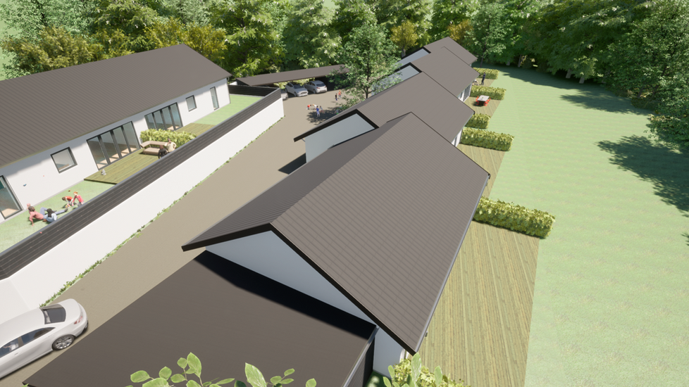 De 6 boliger er designet som 4 sammensatte parcelhuse, og 1 stort dobbelthus.
Grunden skråner ud mod et fredet naturområde, og gør udsigten helt unik.
