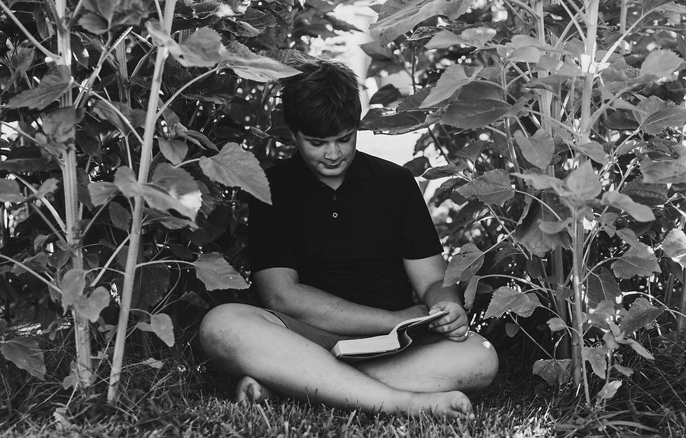Young person reading a book in a field of sunflowers.