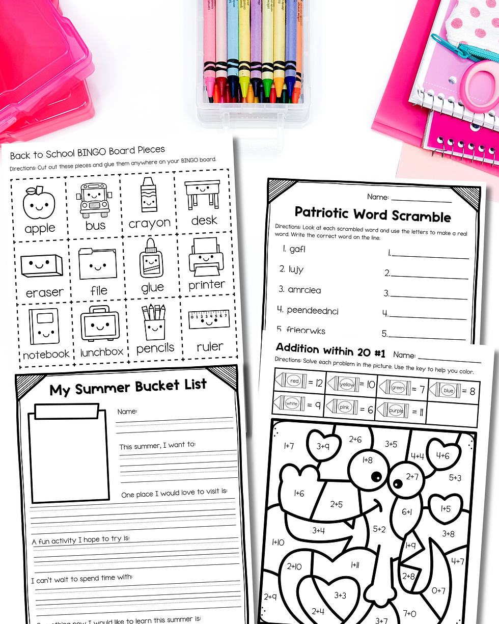 Preview of free holiday worksheets for each month including Back to School BINGO, patriotic word scramble, summer bucket list, and addition color by code activity