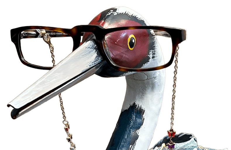 Heron statue wearing glasses