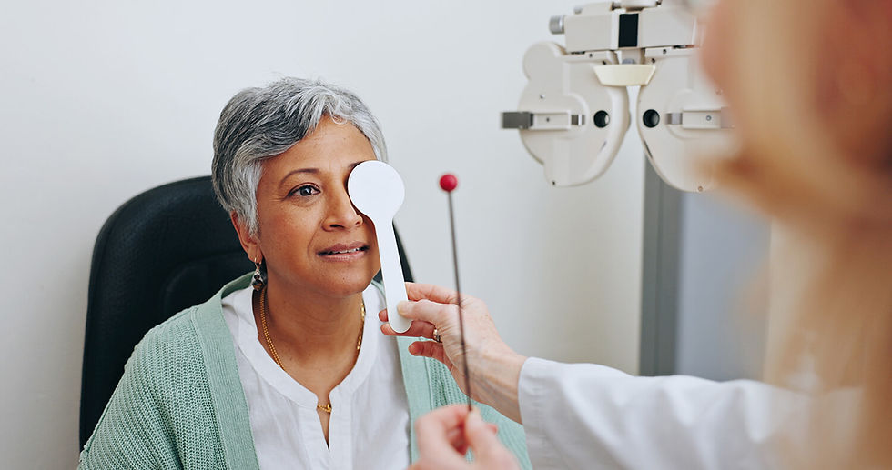 Optometrist covering one eye with an occluder to test a patient’s vision