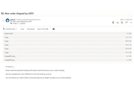 Email follow up for order shipment to USA.