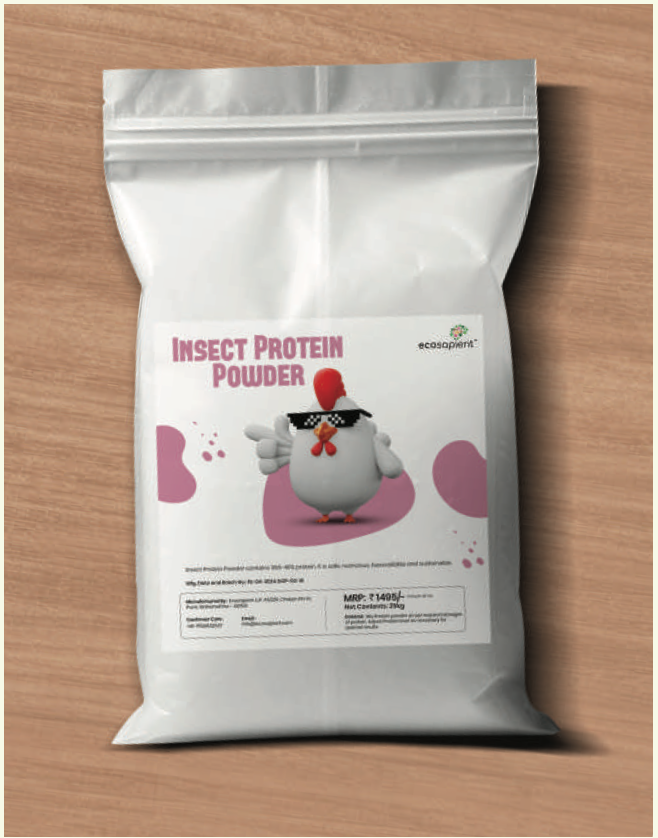 Ecosapient insect Protein Powder bag, chicken mascot