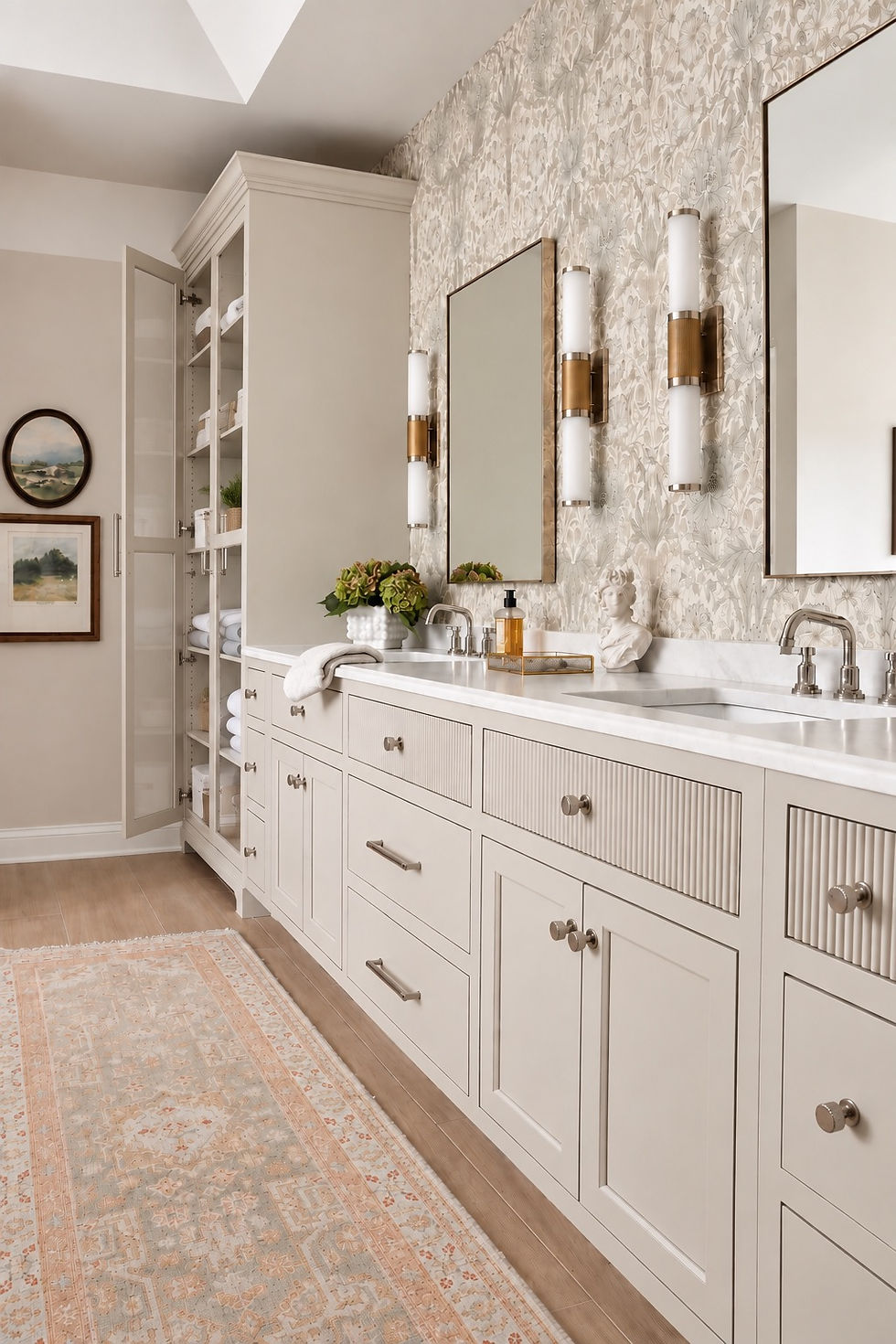 Custom bathroom renovation by Element Design Network featuring a neutral color palette, polished nickel Signature Hardware fixtures, natural materials, and an updated French Provincial design. freestanding tub, gold lantern, linen drapery, wainscotting, fluted detail, custom cabinetry, tall wardrobe, morris & co wallpaper, two tone sconces, double vanity, quartz countertops, ivolitaj, solitaj