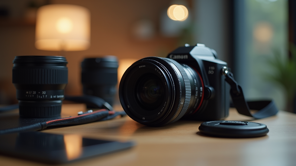Close-up view of a camera lens and photography equipment on a table