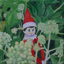 A Christmas elf nestled among the vibrant plants and greenery of the garden.