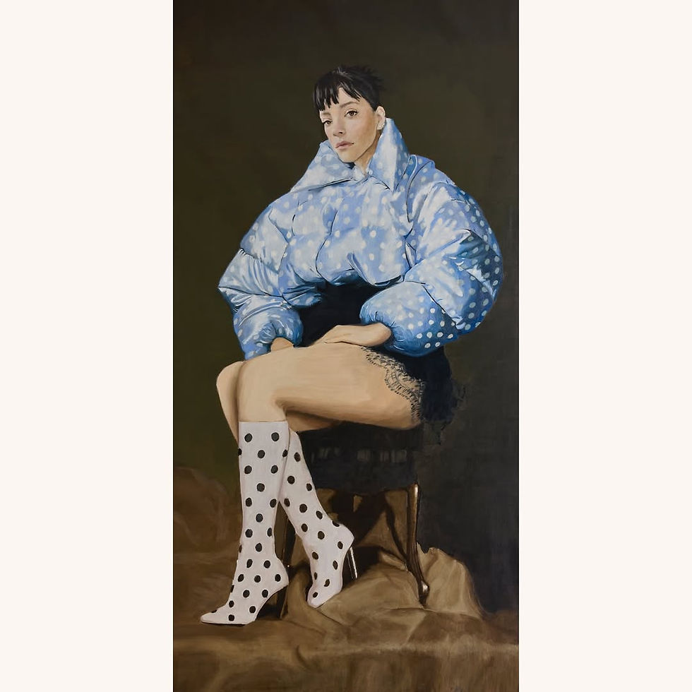 A painting that is the cover art of Lily Allen's "West End Girl" album showing the singer sitting on a stool wearing a blue puffer jacket with polka dots, a black skirt and white polka dot boots