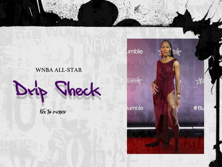 A graphic with a gray rectangle on the left with a the headline "WNBA All-Star Drip Check" and a photo of A'ja Wilson in a burgundy dress for WNBA All-Star Weekend on the right