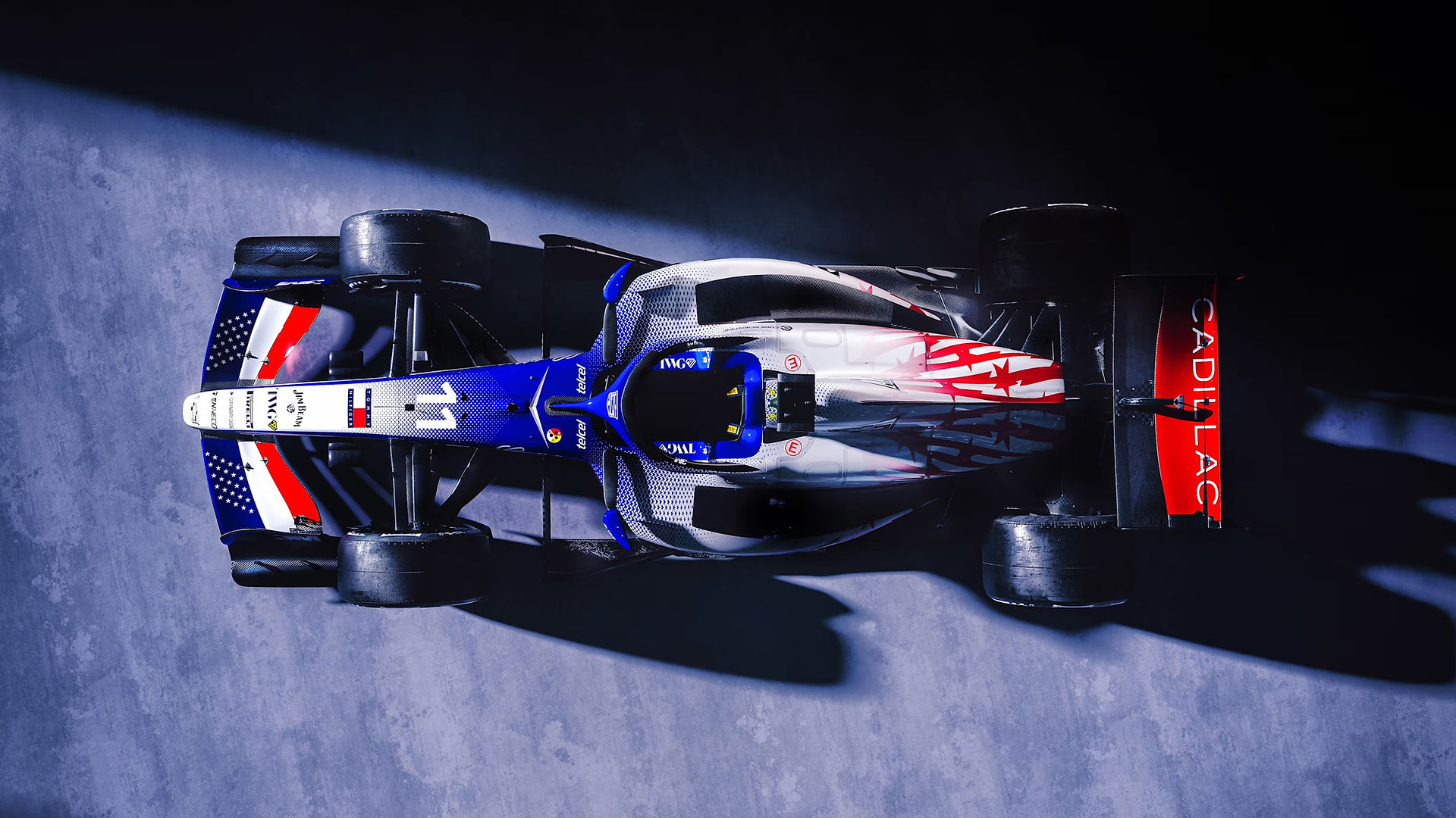 A top view of the Cadillac F1 car in its red, white and blue livery.