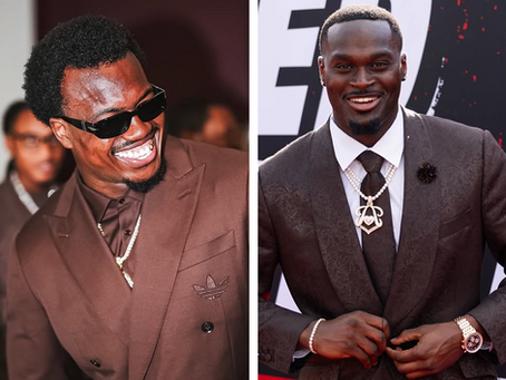 Side by side photos of Rueben Bain Jr. and Jeremiyah Love in brown suits at the 2026 NFL Draft