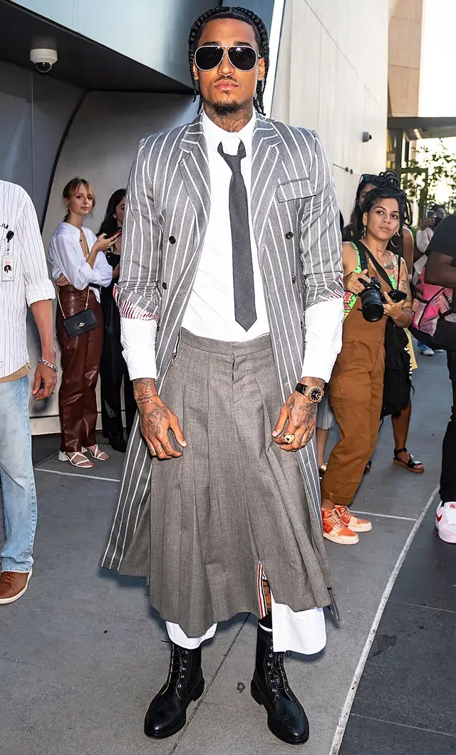 Jordan Clarkson in Thom Browne skirt for NYFW 2021.