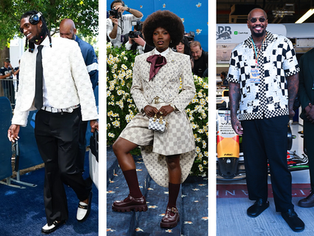 A graphic with a photo of CeeDee Lamb walking on a blue carpet into a game wearing a white checkerboard jacket on the left, Doechii posing on the blue Met Gala carpet in a patterned jacket and checkerboard shorts in the middle and Malik Scott standing in front of a Visa Cash App Racing Bulls F1 car wearing a checkerboard button-up shirt