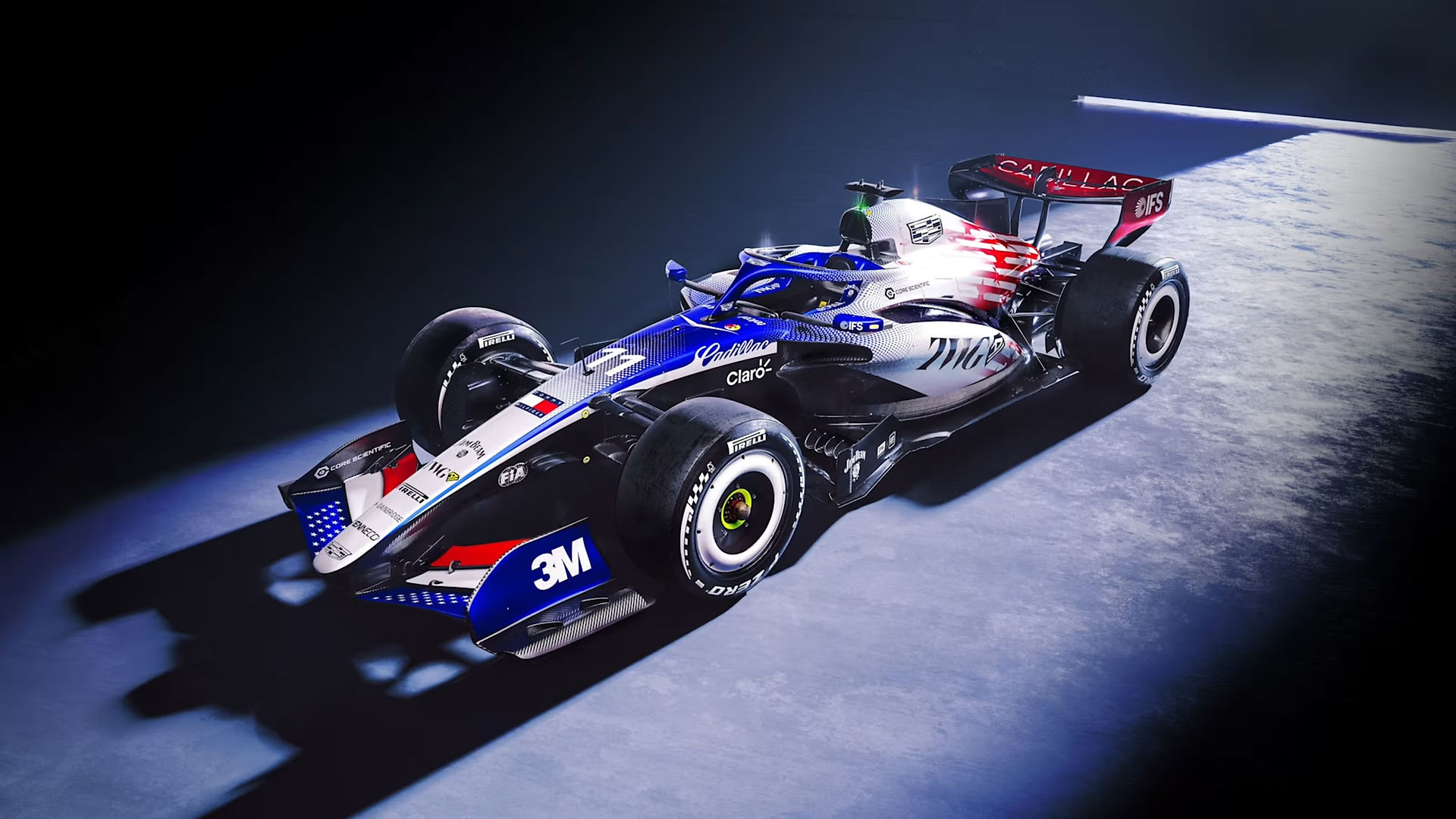 A front-side picture of the Cadillac F1 car in its red, white and blue livery.