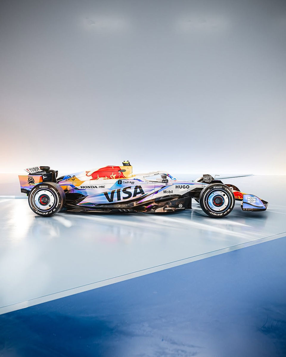 The side view of the Visa Cash App Racing Bulls holographic Las Vegas livery 