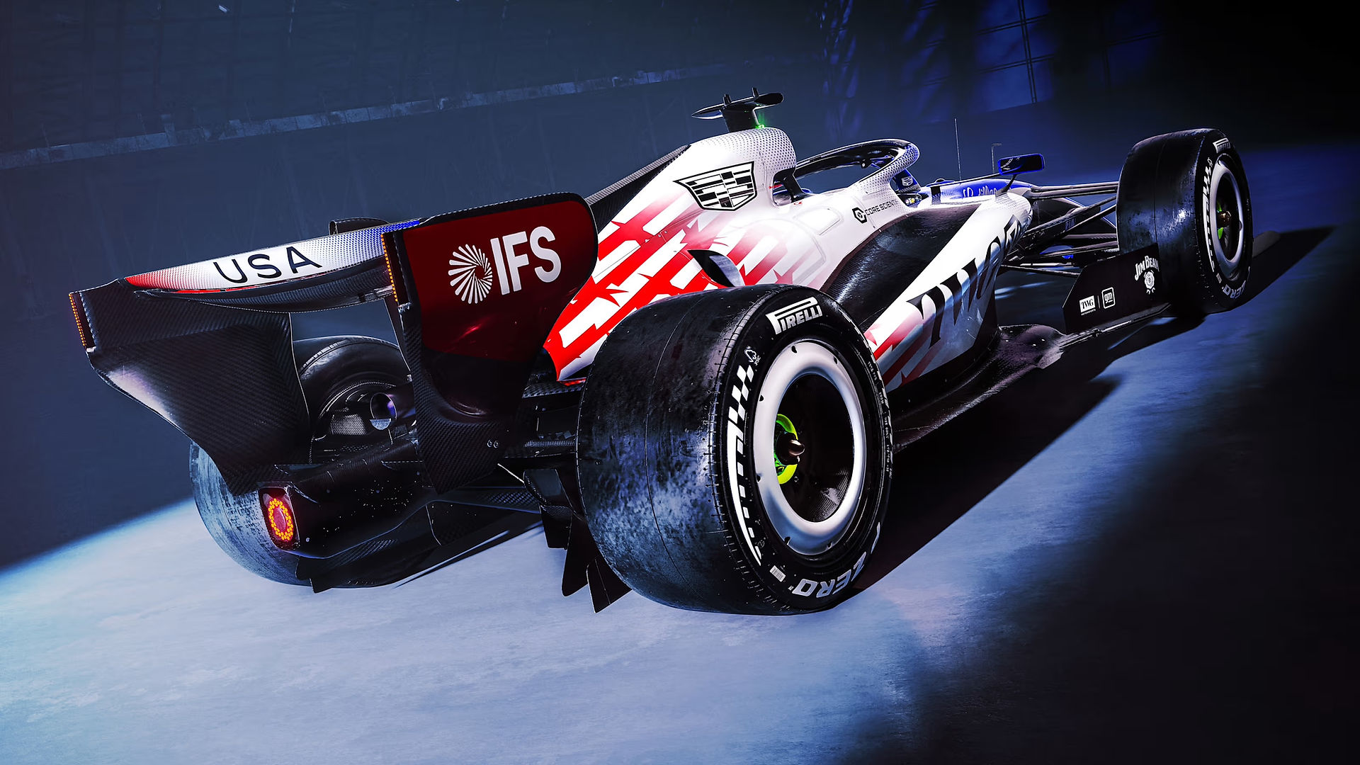 A rear-side picture of the Cadillac F1 car in its red, white and blue livery.