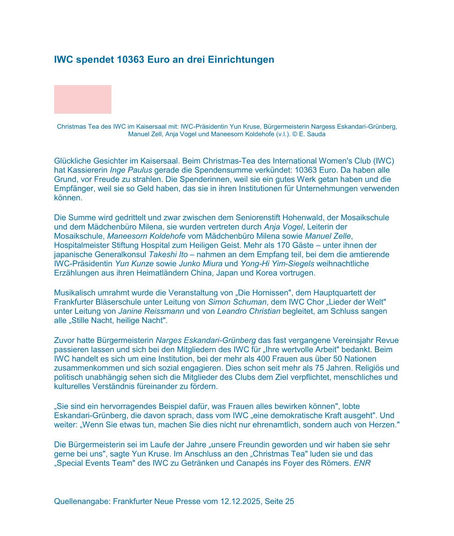IWC spendet 10363 Euro an drei Einrichtungen, FNP, 12.12.2025
