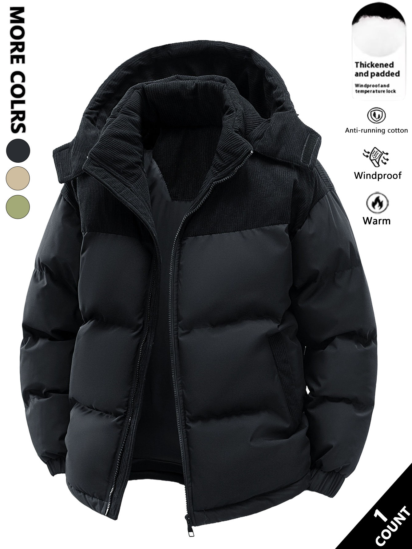 Men's Hooded Cotton Jacket, Thickeneded and Warm in Winter, Windproof and Cold-R