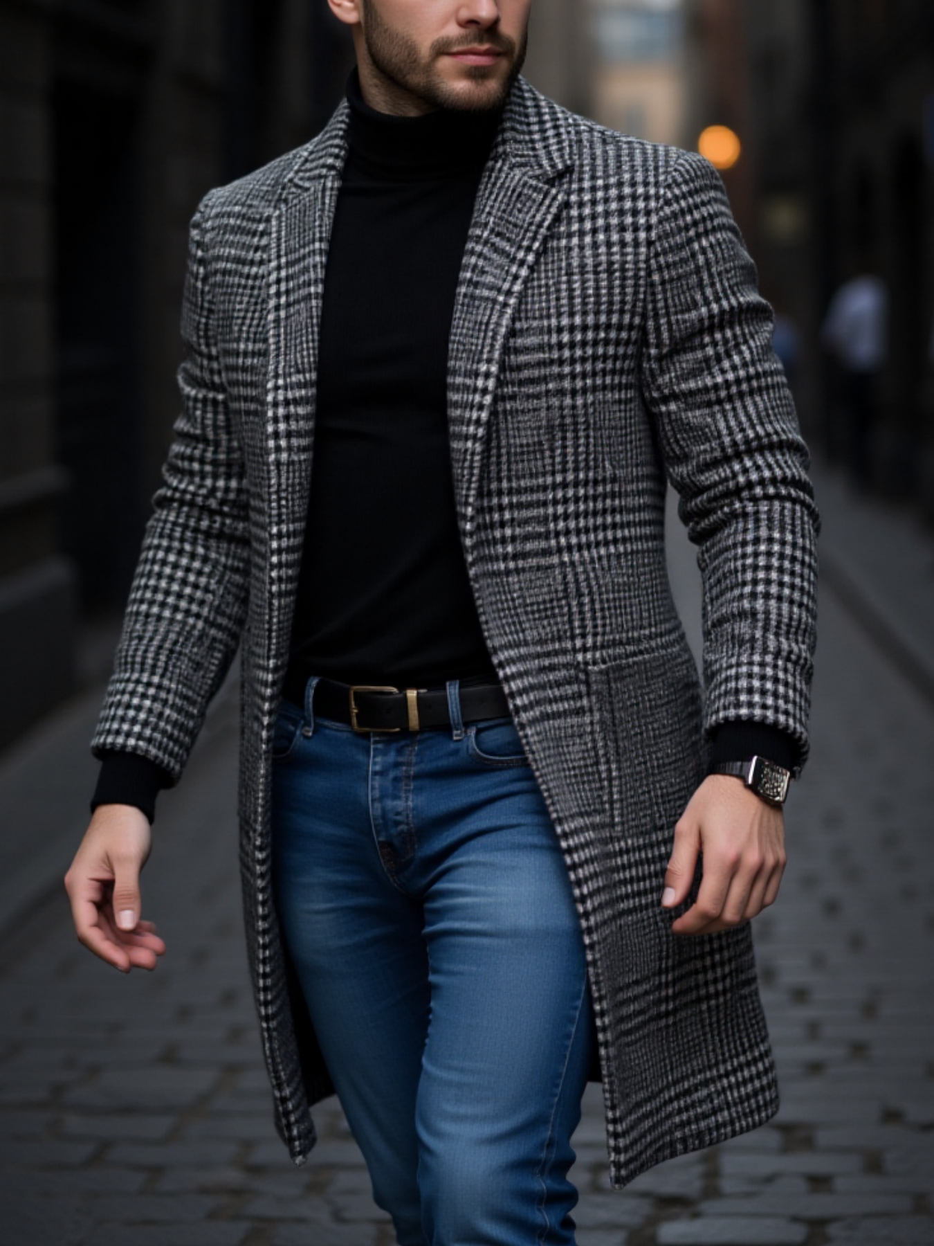New Arrival Men's Outdoor Thickened Warm Trench Coat Houndstooth Autumn Winter W