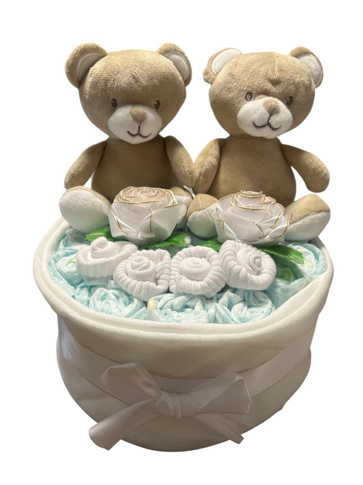 Baby gift Twins Teddy Nappy Cake 1 Tier (Available Natural,pink,Blue)