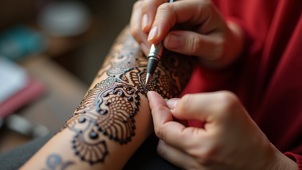 Eye-level view of henna artist applying Arabic henna on arm