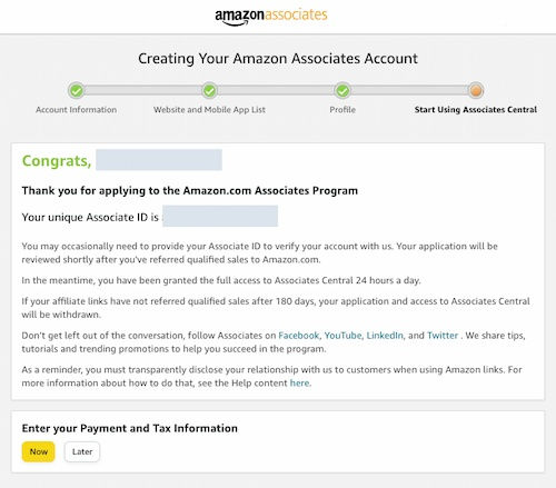Amazon Affiliate account creation