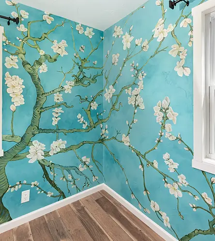 impressionist painting of cherry blossoms mural on interior wall