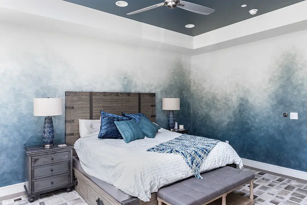A sophisticated ombre accent wall we created for a luxurious home in Austin, TX. The client was so happy with how it turned out they hired us back to create custom two-tone metallic ceilings in the bedroom and bathroom and a Venetian plaster accent wall in their entryway.