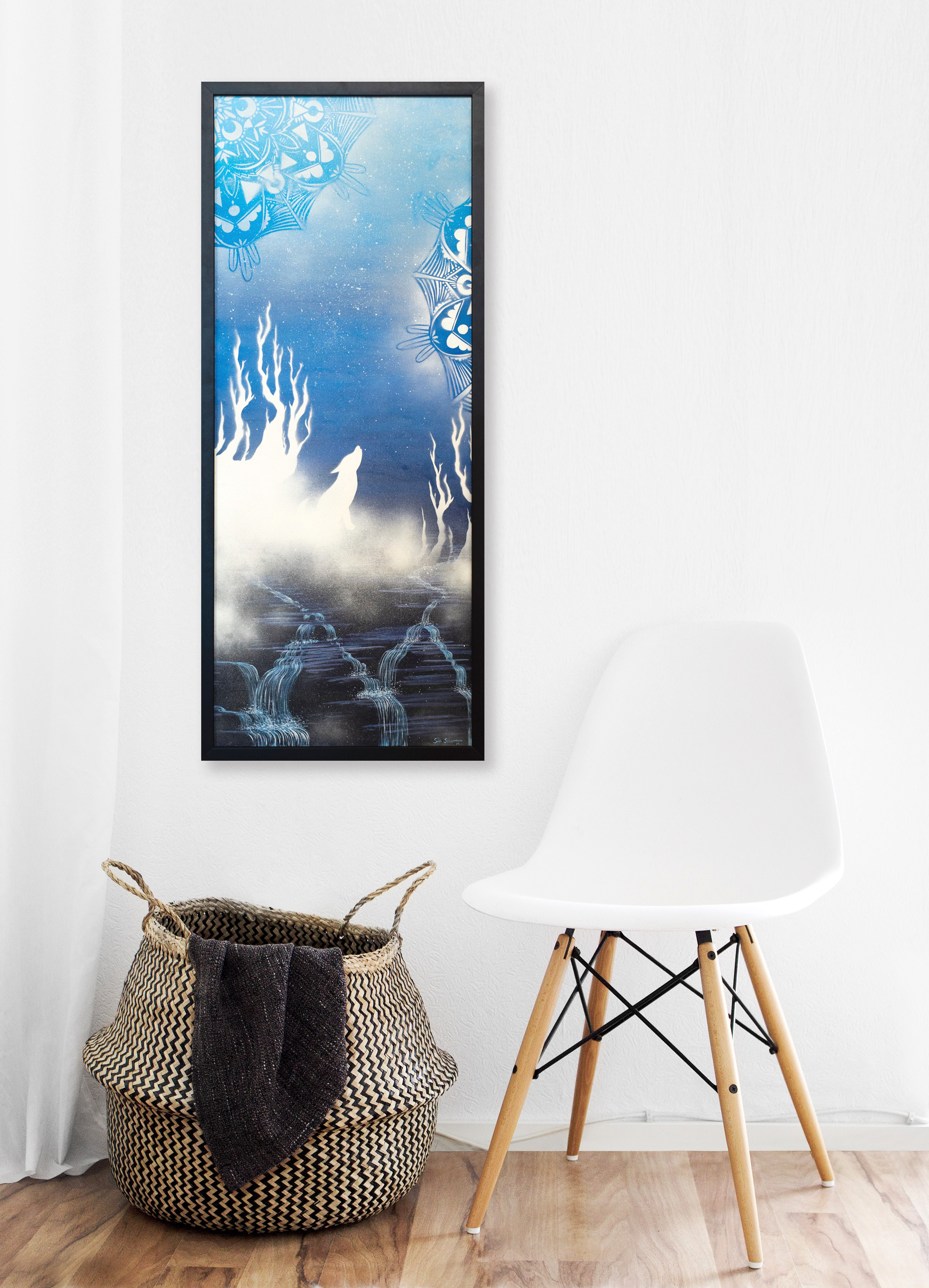 Abstract painting of wolf using acrylics and spray paint. installation image.