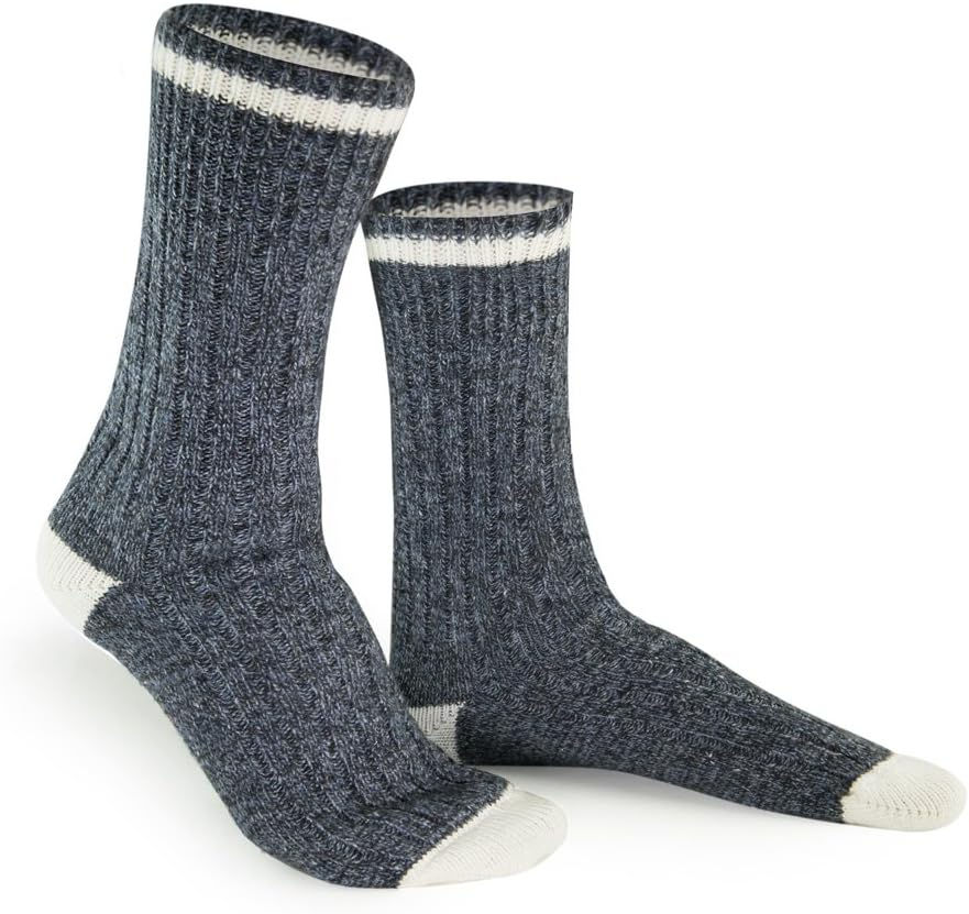 Two gray ribbed socks by Duray with white heels and toes, and black and white stripes at the top. Displayed upright on a plain white background.