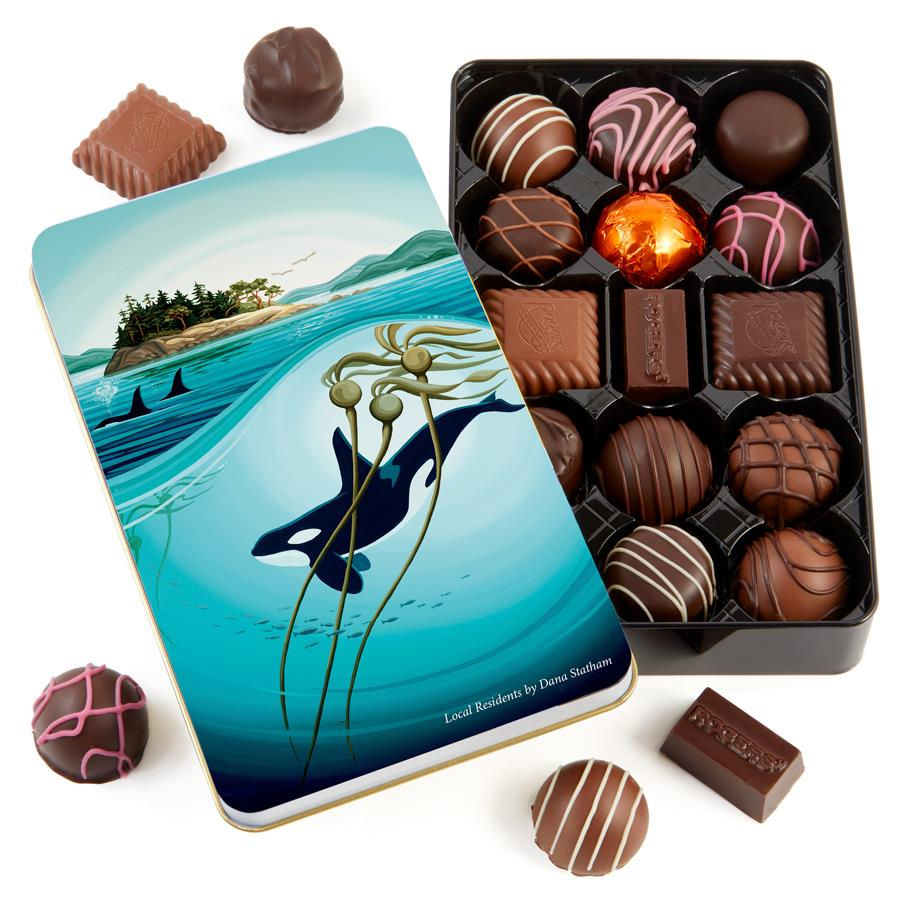 Rogers' Chocolate box of assorted chocolates in decorative tin by a Canadian artist with Orca underwater near kelp and an island.
